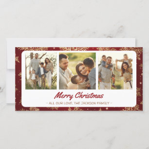 Golden Snowflakes Merry Christmas 3 Photo Collage Holiday Card