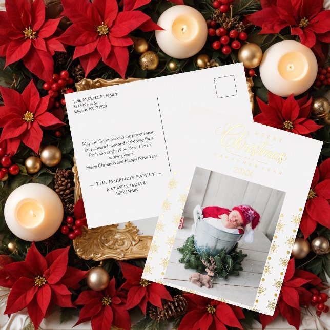 Golden Snowflakes Merry Christmas Photo Baby Foil Holiday Postcard (Golden Snowflakes Merry Christmas Photo Baby Metallic Foil Holiday Postcard.)