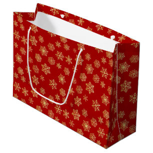 Golden snowflakes on a red background large gift bag