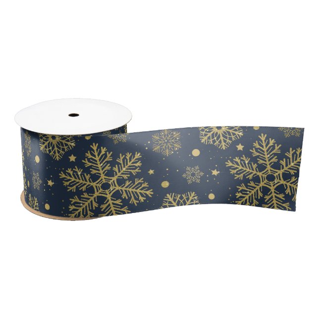 Golden snowflakes on navy satin ribbon (Spool)