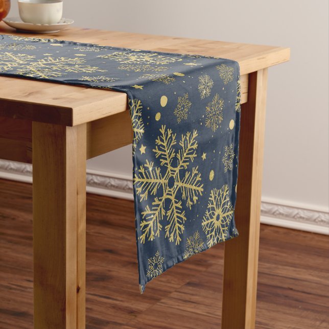 Golden snowflakes on navy short table runner (In Situ)