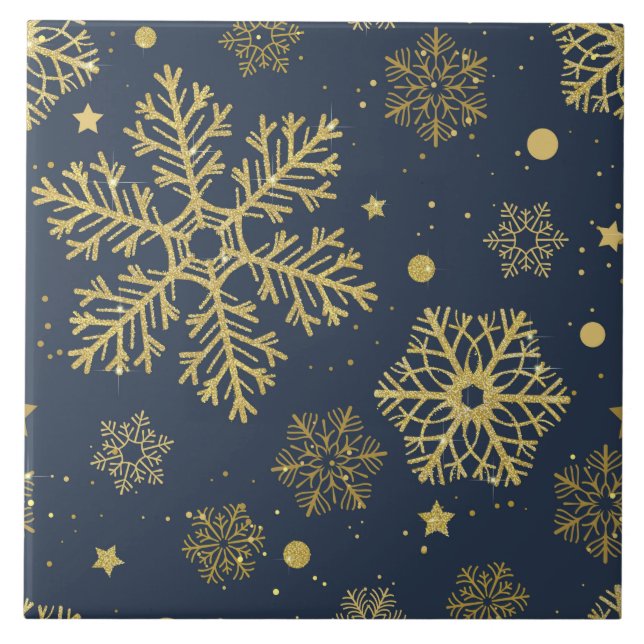 Golden snowflakes on navy tile (Front)