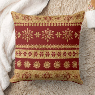 Golden Snowflakes on Red - Classic Christmas (5) Cushion