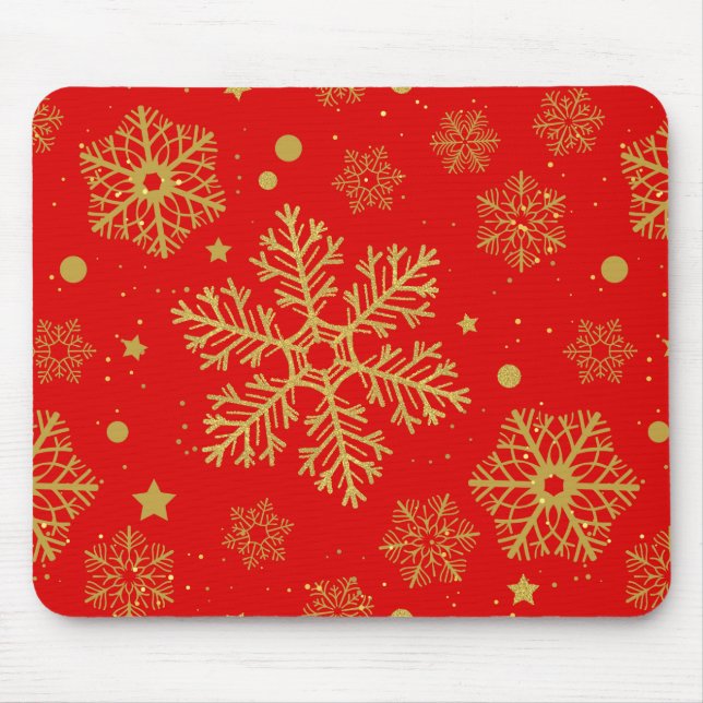 Golden snowflakes on red mouse pad (Front)