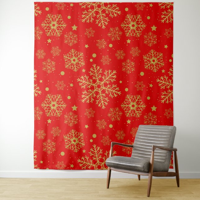 Golden snowflakes on red tapestry (In Situ)