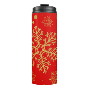 Golden snowflakes on red thermal tumbler