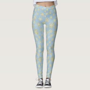 Golden Snowflakes on Sky Blue – Elegant Winter Leggings