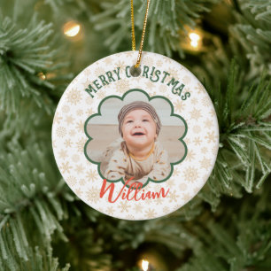 Golden Snowflakes Photo Christmas Name  Ceramic Tree Decoration