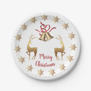 Golden snowflakes, reindeer, Christmas bells Paper Plate