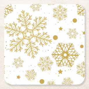 Golden snowflakes square paper coaster