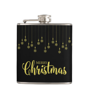 Golden Snowflakes with  Christmas Quote on Black Hip Flask