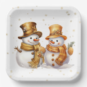 Golden Snowflakes With Snowman Paper Plate