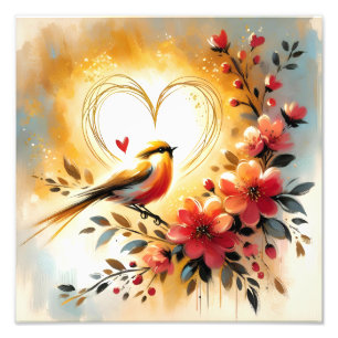 Golden Songbird with Coral Flowers and Heart Photo Print