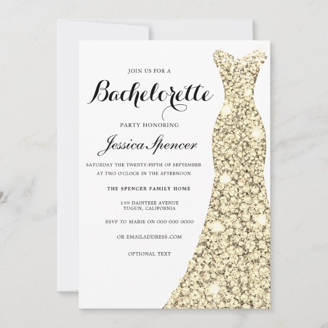 Golden Sparkle Dress Bachelorette Party Invite (Front)