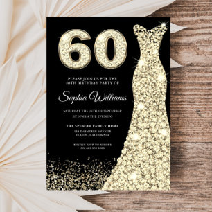 Golden Sparkle Dress Black 60th Birthday Party Invitation