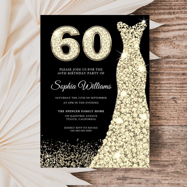 Golden Sparkle Dress Black 60th Birthday Party Invitation (Creator Uploaded)