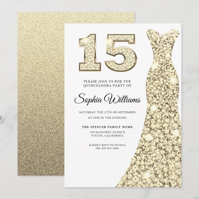 Golden Sparkle Dress Quinceanera 15th Birthday Invitation (Front/Back)