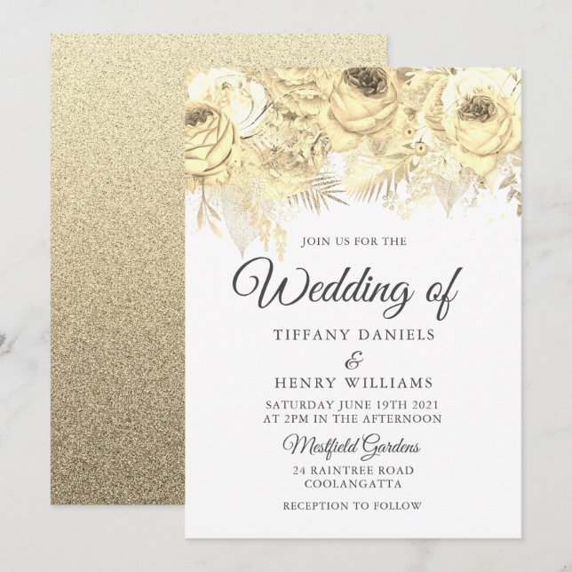 Golden Sparkle Floral Elegant Wedding Invitation (Front/Back)