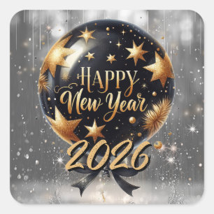 Golden Sparkle New Year Balloon with 2026 Glow Square Sticker