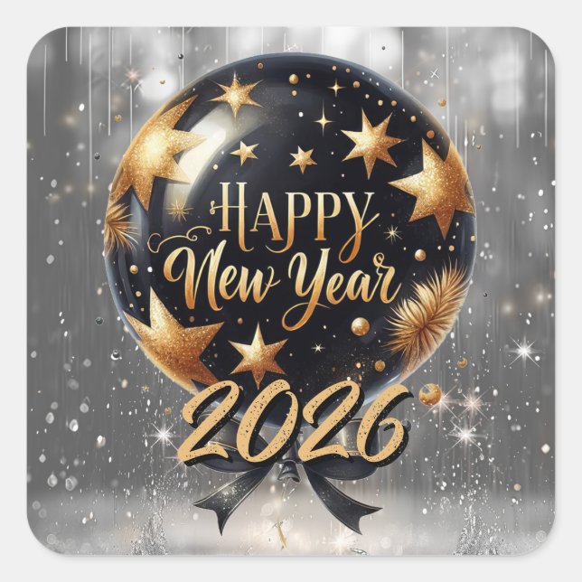Golden Sparkle New Year Balloon with 2026 Glow Square Sticker (Front)