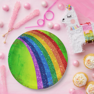Golden Sparkles and Glitter Rainbow Unicorn Green Paper Plate
