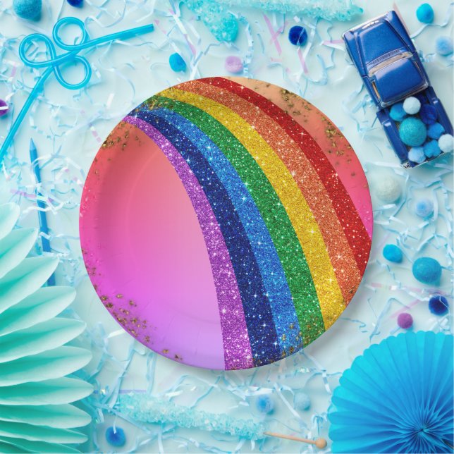 Golden Sparkles and Glitter Rainbow Unicorn Pink Paper Plate (Party)