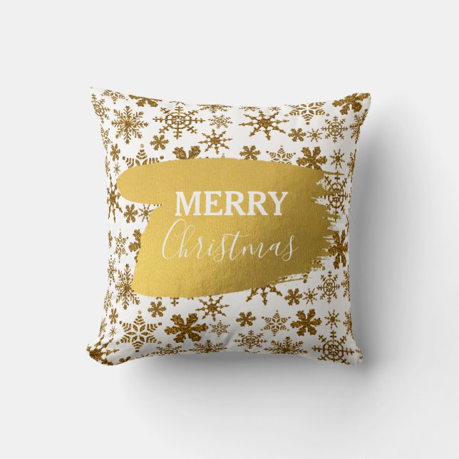 Golden Sparkling Snow Merry Christmas Cushion (Front)
