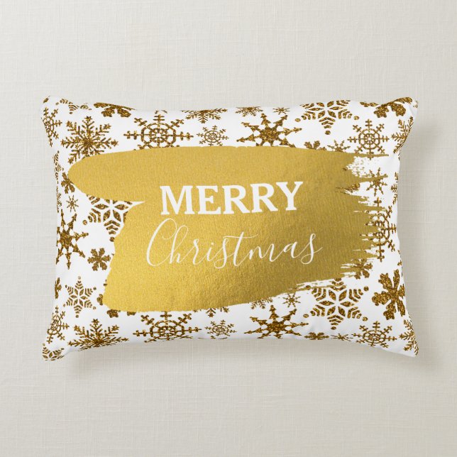 Golden Sparkling Snowflakes Merry Christmas Decorative Cushion (Front)