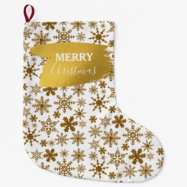 Golden Sparkling Snowflakes Merry Christmas Large Christmas Stocking (Front)
