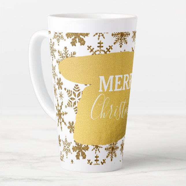 Golden Sparkling Snowflakes Merry Christmas Latte Mug (Left Angle)
