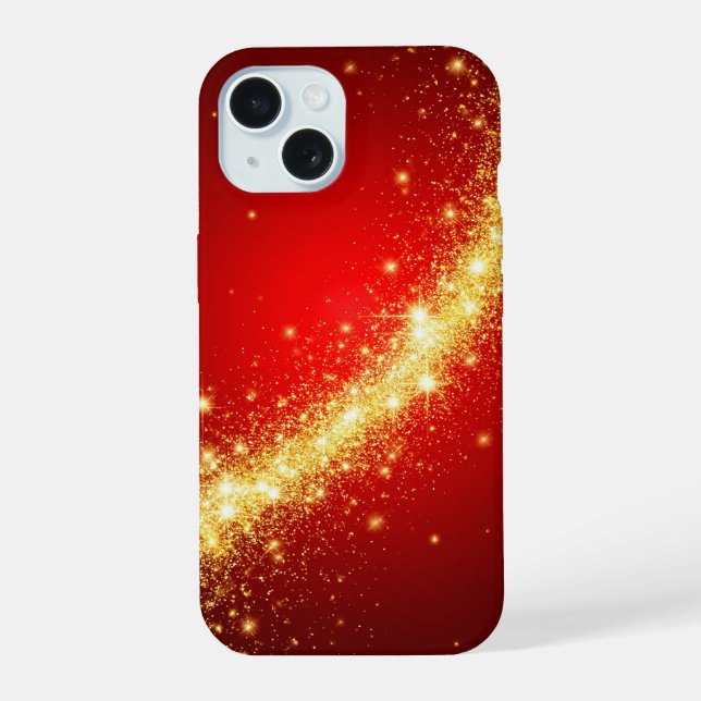 Golden Sparkling Trail on Vibrant Red Background iPhone 15 Case (Back)