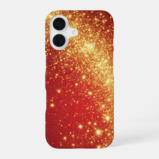 Golden Sparkling Trail on Vibrant Red Background iPhone 16 Case (Back)