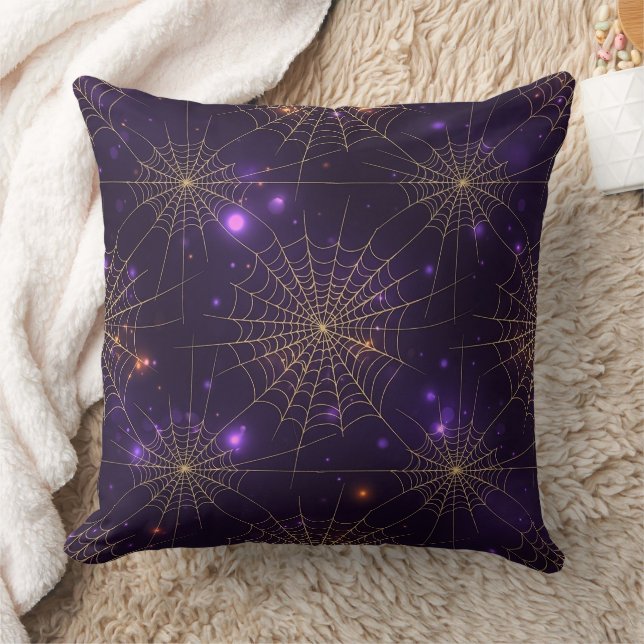 Golden Spiderweb Bokeh – Elegant Halloween Web (2) Cushion (Blanket)