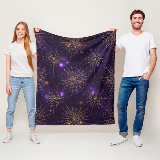 Golden Spiderweb Bokeh – Elegant Halloween Web (2) Fleece Blanket (In Situ)