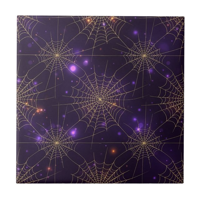 Golden Spiderweb Bokeh – Elegant Halloween Web (2) Tile (Front)