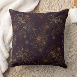 Golden Spiderweb Bokeh – Elegant Halloween Web (3) Cushion
