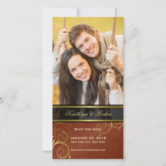 Golden Spiral Vines Sienna Elegant Classy Photo Save The Date (Front)