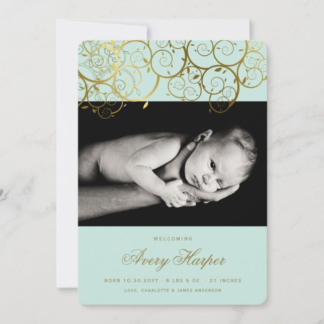 Golden Spirals Baby Boy Photo Birth Announcement (Front)