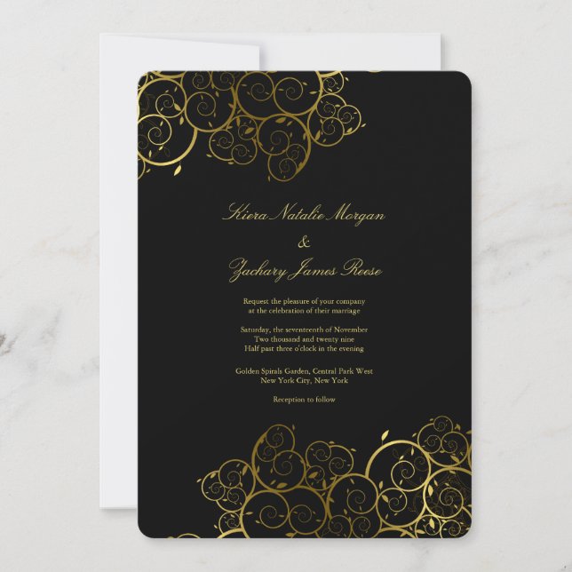 Golden Spirals Vine Classy Black Wedding Invite (Front)
