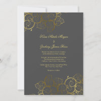 Golden Spirals Vine Classy Grey Wedding Invitation