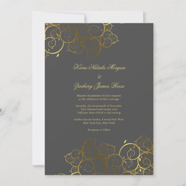 Golden Spirals Vine Classy Grey Wedding Invitation (Front)