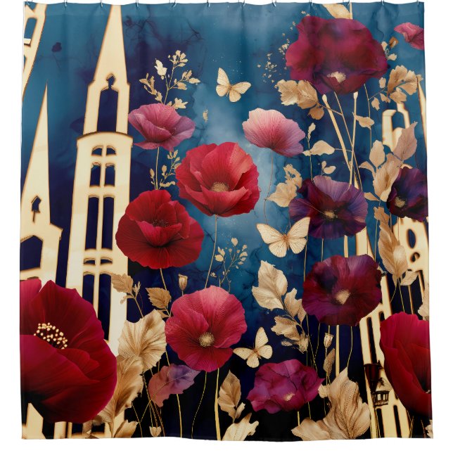 Golden Spires and Crimson Blooms Shower Curtain (Front)