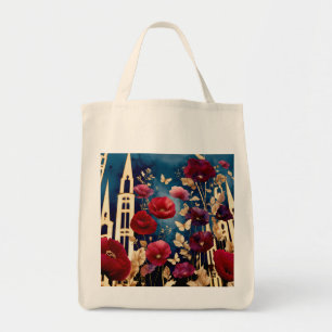 Golden Spires and Crimson Blooms Tote Bag