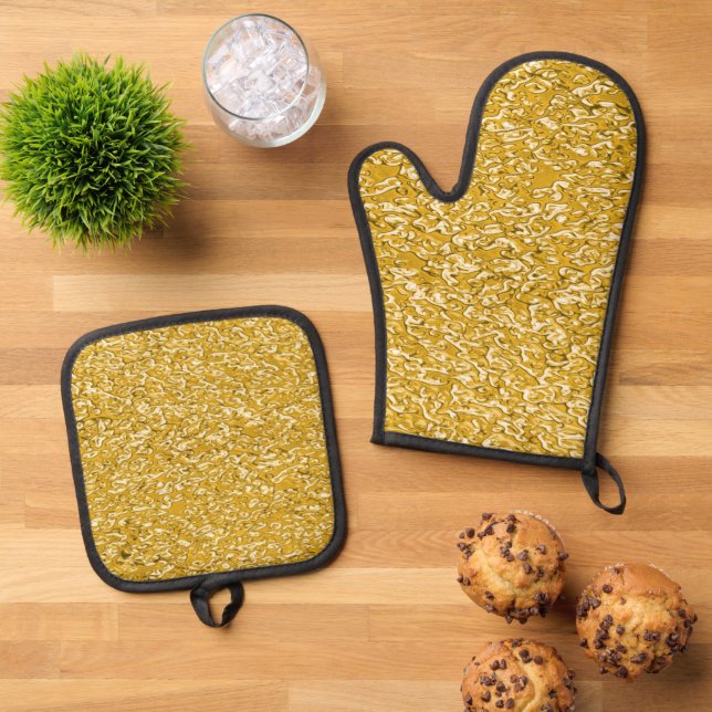 Golden Splatter Background Pattern 1 Oven Mitt & Pot Holder Set (Top Down)