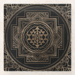 Golden Sri Yantra / Sri Chakra in lotus Glass Coaster