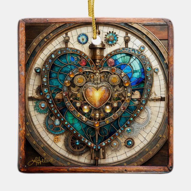 Golden Stained Glass Heart Steampunk Series Ceramic Ornament (Front)