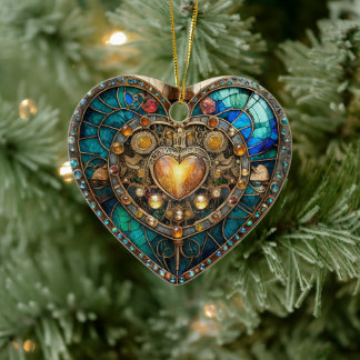 Golden Stained Glass Heart Steampunk Series Ceramic Tree Decoration