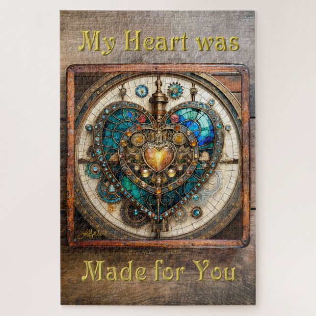 Golden Stained Glass Heart Steampunk Series Jigsaw Puzzle (Vertical)