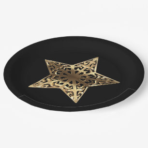 Golden Star Black and Gold Festive Elegant Paper Plate