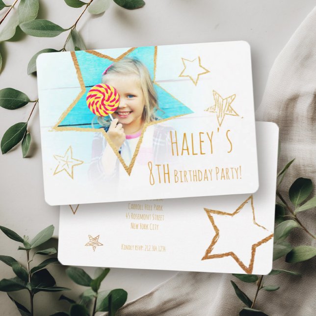 Golden Star Fun Photo Birthday Party Invitation (Creator Uploaded)